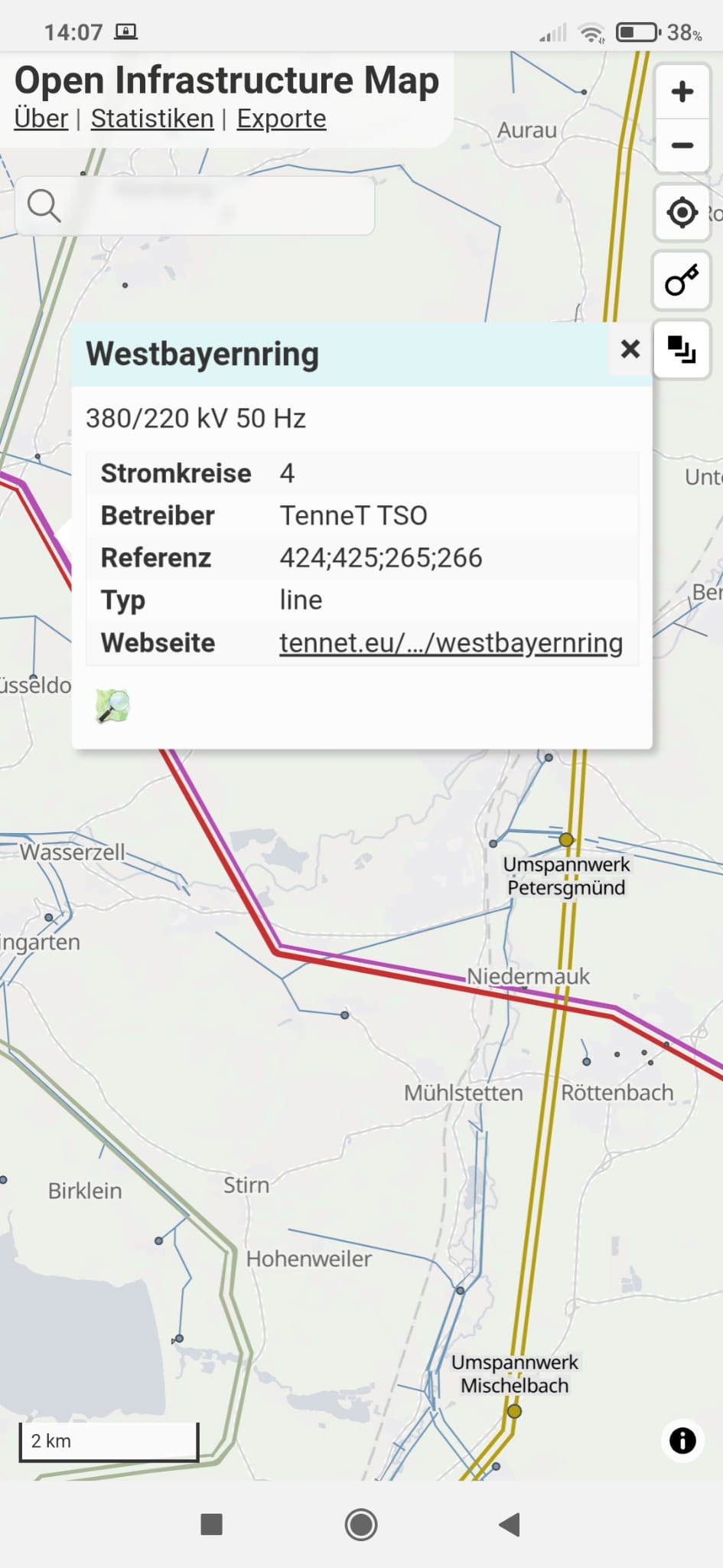 Kartenausschnitt OpenInfraMap mit bestehender Hochspannungsleitung ‘Westbayernring’ durch Röttenbach/Niedermauk