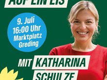 Einladungsbild zu einer Veranstaltung der GRÜNEN Roth am 9. Juli um 16:00 Uhr auf dem Marktplatz in Greding mit Katharina Schulze, der Fraktionsvorsitzenden der GRÜNEN im Landtag, die in einem roten Oberteil lächelnd abgebildet ist. Text auf dem Bild: 'Auf ein Eis mit Katharina Schulze'.
